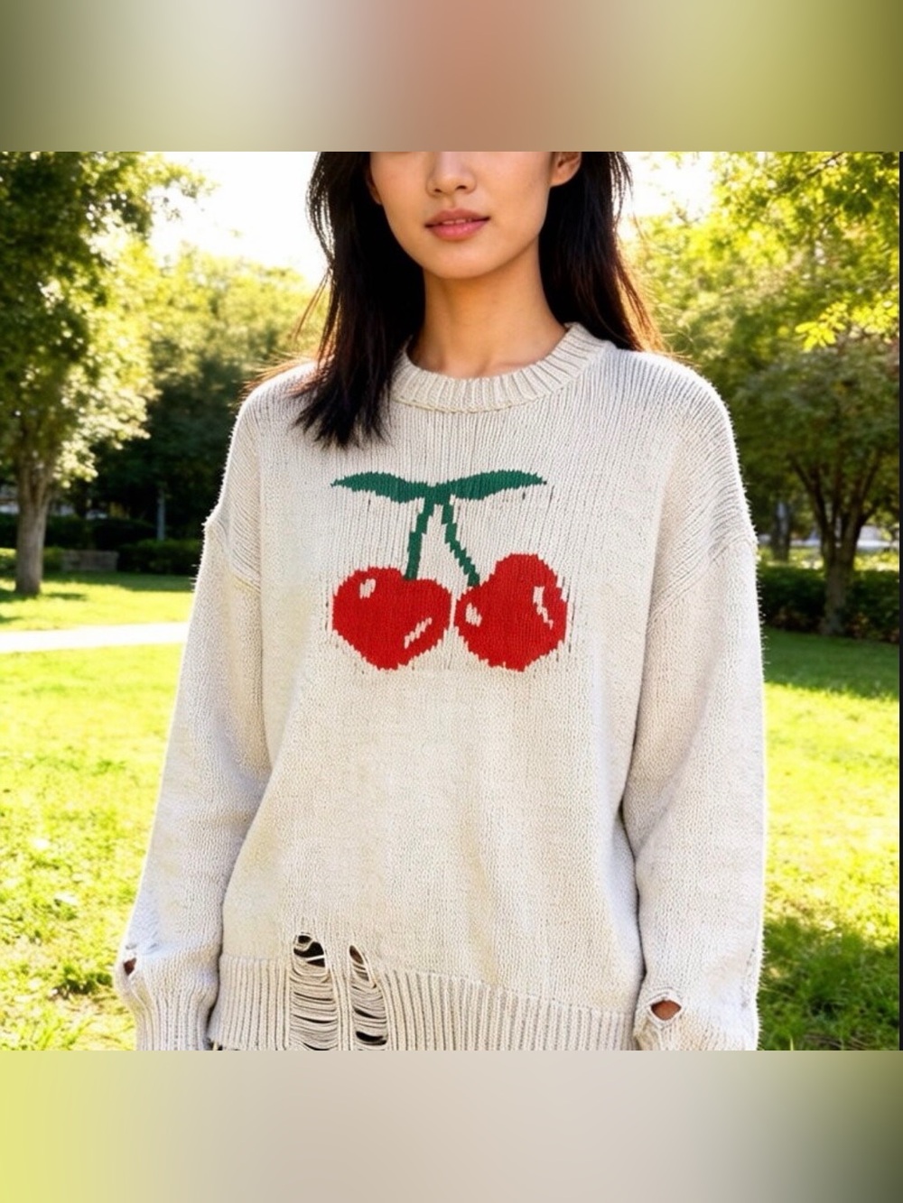 eesome Distressed Cream Knit Crewneck Sweater with Red Cherry Motif, Like New